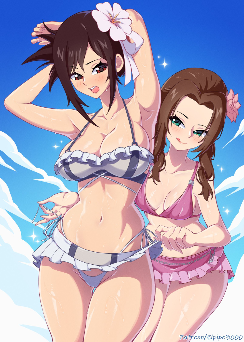 2girls aerith_gainsborough bare_arms bare_legs bare_shoulders bare_thighs big_breasts bikini bikini_bottom bikini_top black_hair blush brown_eyes brown_hair clothed clothing color elpipe3000 female female_focus female_only final_fantasy final_fantasy_vii final_fantasy_vii_rebirth final_fantasy_vii_remake hi_res large_breasts light-skinned_female light_skin multiple_girls red_eyes short_hair solo_female square_enix swimsuit tagme thick_thighs tifa_lockhart