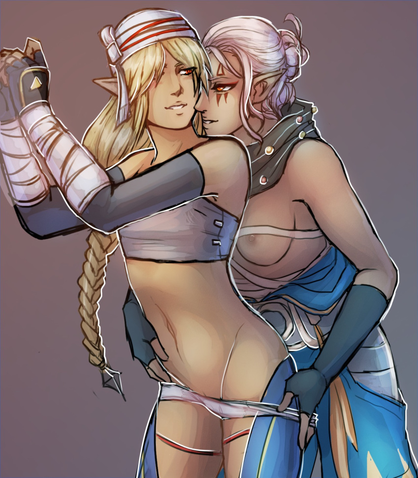 2girls bandage binder breasts chest_binder facial_tattoo female fingerless_gloves hyrule_warriors impa_(hyrule_warriors) long_hair multiple_girls nintendo pointy_ears raven-igma red_eyes sheik sheikah tattoo the_legend_of_zelda tomboy yuri