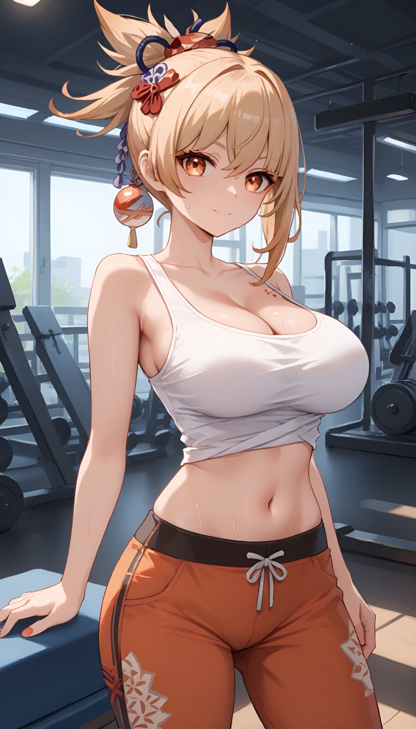 1girls ai_generated arm_tattoo bangs big_ass big_breasts blonde_female blonde_hair blonde_hair genshin_impact hair_ornament high_resolution highres hoyoverse jasse looking_at_viewer tagme yoimiya_(genshin_impact)