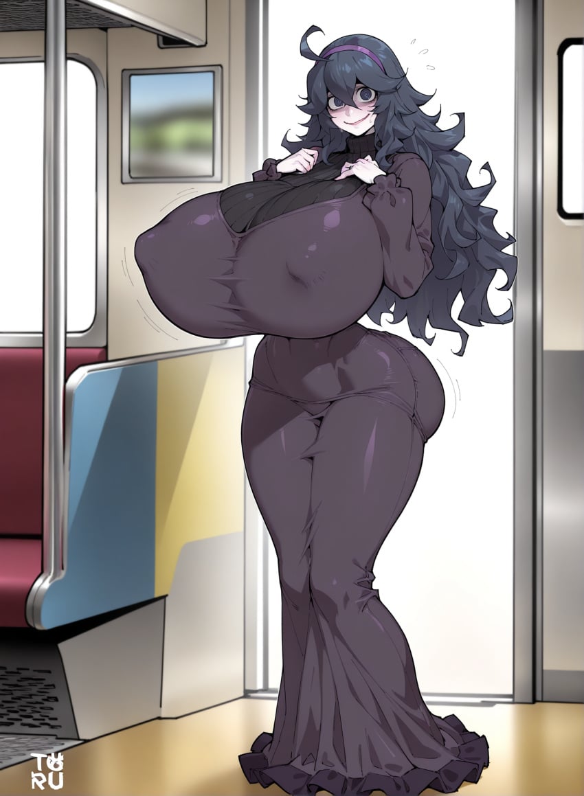 1girls ai_generated breast_grab covered_nipples dress gamefreak gigantic_breasts hex_maniac huge_ass nervous nervous_smile nintendo nipple_bulge otace pokemon slim_waist thick_thighs tight_clothing train_interior wide_hips