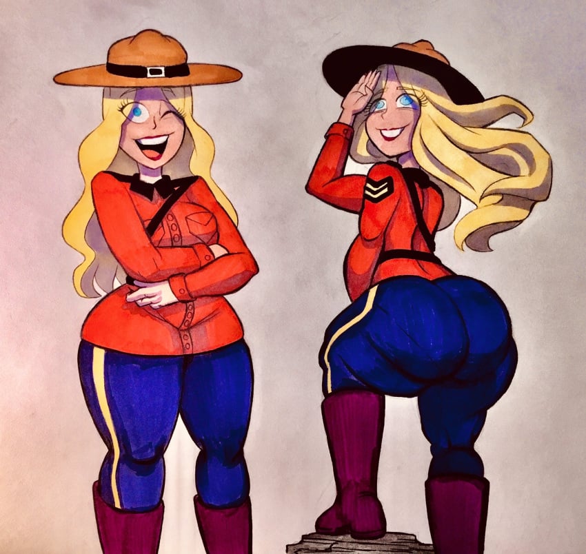 1girls big_ass blonde_female blonde_hair blue_eyes calgary_callie drawing female female_only happy_female hat light-skinned_female long_hair patriotism