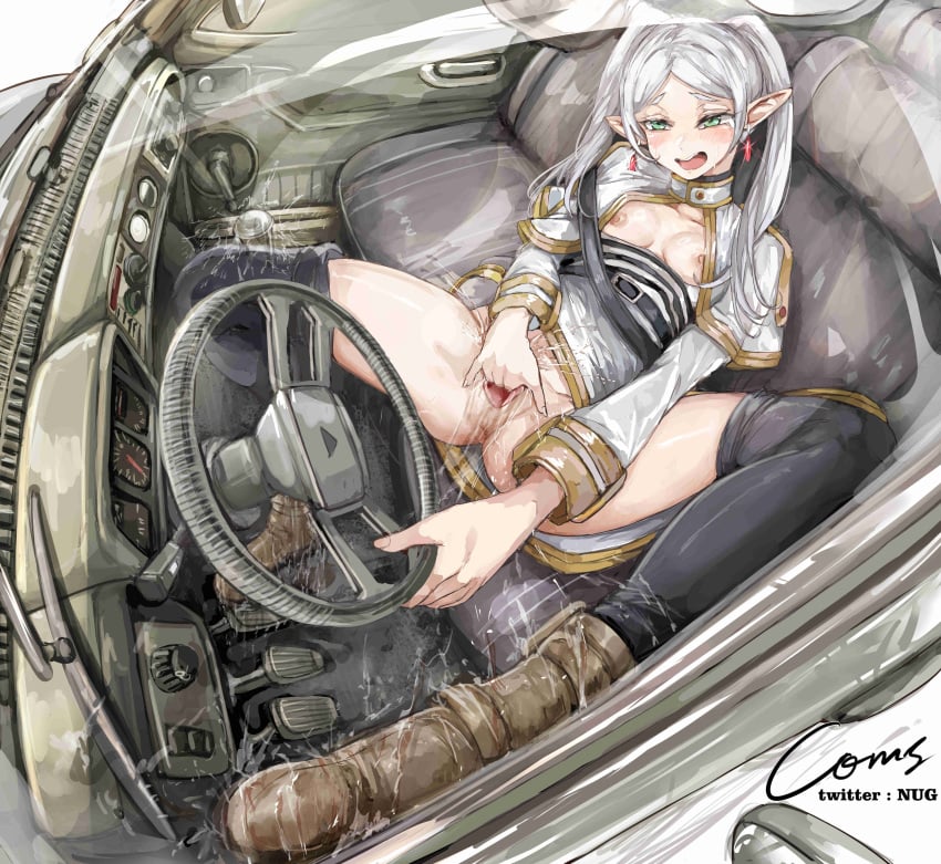 absurdres black_thighhighs capelet car car_interior car_seat commission driving earrings elf female female_masturbation fingering frieren green_eyes grey_hair highres jewelry left-hand_drive long_hair long_sleeves lying masturbation motor_vehicle nipples nui_gurumi open_mouth parted_bangs pedal_pumping pointy_ears pussy pussy_juice seatbelt solo sousou_no_frieren steering_wheel teardrop_earrings thighhighs twintails vehicle_interior white_capelet white_hair