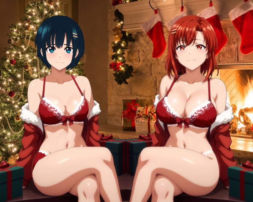 2girls ai_assisted ai_generated blue_hair botan_nagatsuki christmas cleavage medium_breasts obata_yui red_hair santa_costume short_hair sitting string_bikini