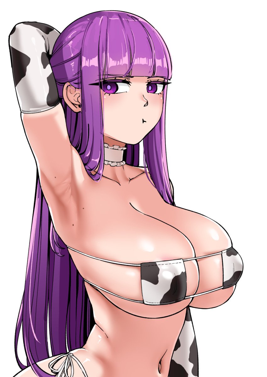 1girls arm_behind_head arm_up armpits big_breasts bikini choker cow_print cow_print_armwear cow_print_bikini elbow_gloves female fern_(sousou_no_frieren) gloves long_hair mole mole_on_armpit nipple_bulge orgoglioso_banane purple_eyes purple_hair solo solo_female sousou_no_frieren