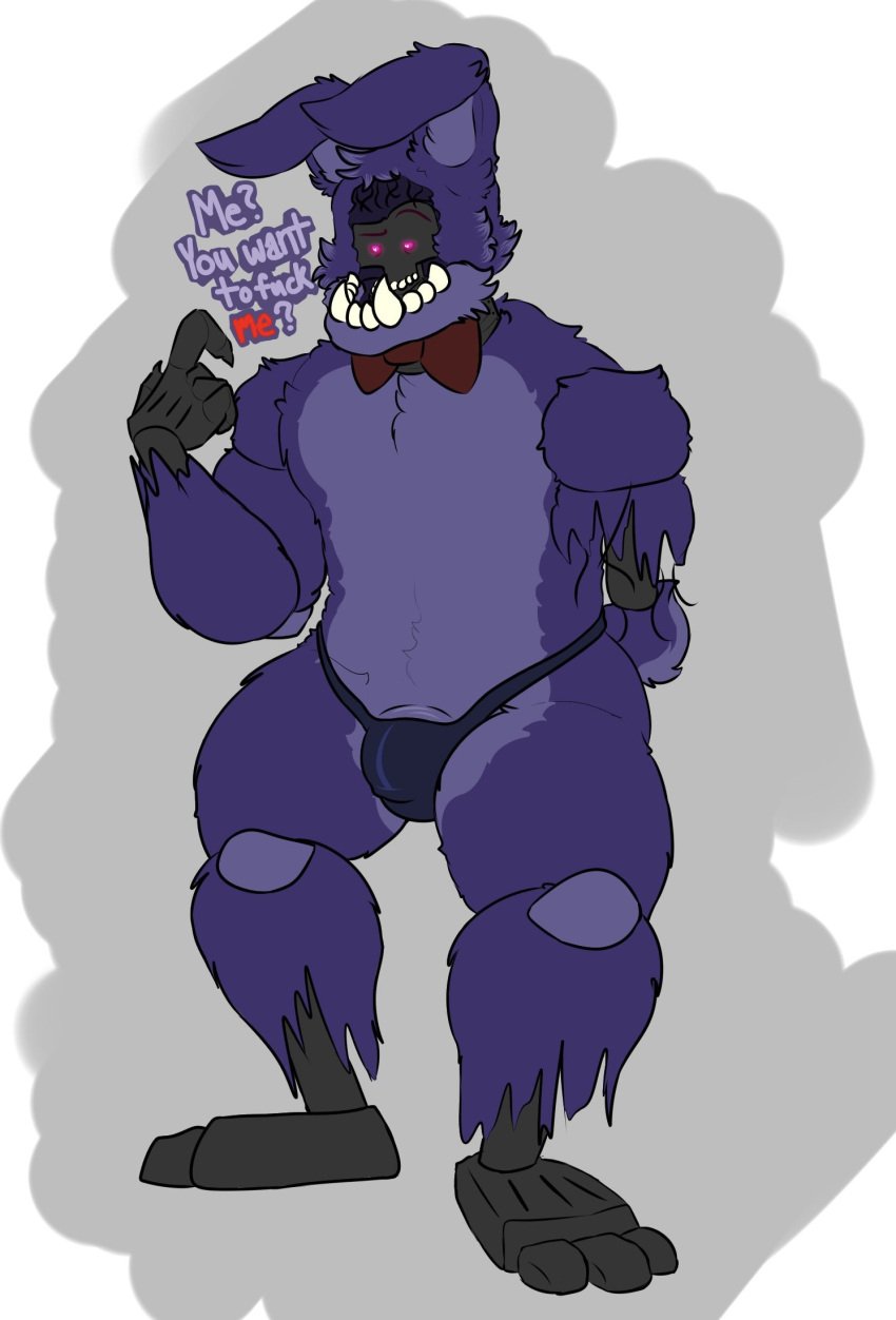 anthro barely_visible_genitalia barely_visible_penis bow_tie bulge clothing confusion detailed_bulge english_text filledcrossiant five_nights_at_freddy's five_nights_at_freddy's_2 fluffy fur genitals heart-shaped_pupils hi_res humanoid machine male male_only penis penis_base purple_body purple_fur robot scottgames sharp_teeth simple_background solo teeth text thong underwear withered_bonnie withered_bonnie_(fnaf)