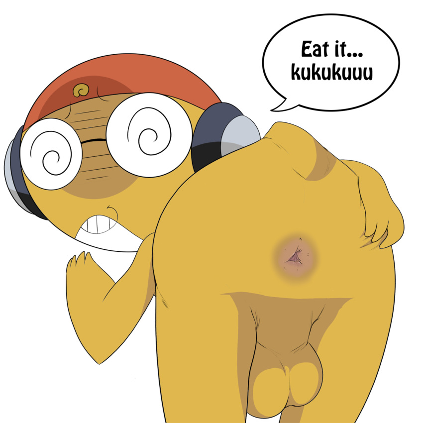 1boy alien anthro anus ass balls bent_over dat_ass dialog english_text frog glasses headphones jerseydevil keroro_gunsou kururu looking_at_viewer looking_back male male_only presenting_hindquarters smile solo standing text