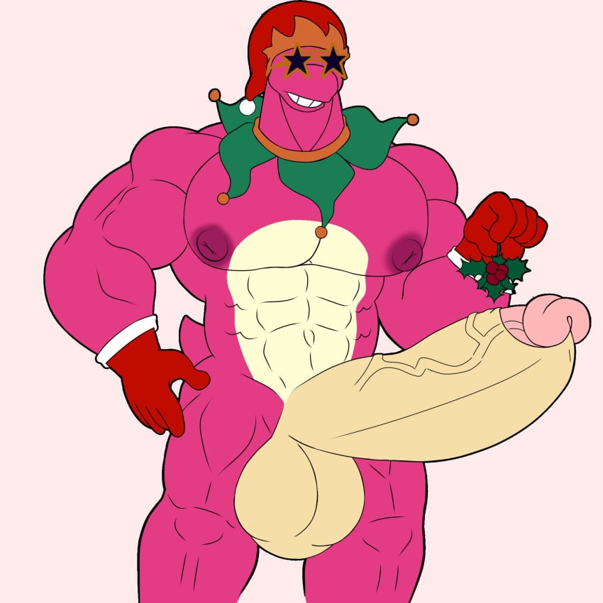 brawl_stars christmas cocokun! dinosaur doug_(brawl_stars) gay hyper_penis male_focus penis pink_body sunglasses tagme