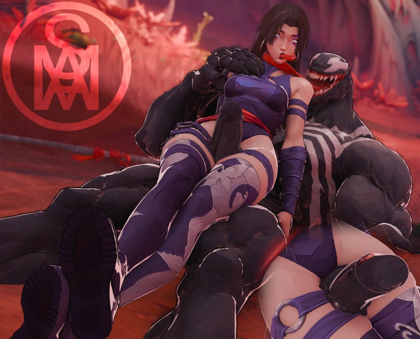 1boy 1boy1girl 1girls 3d black_body black_hair blender_(software) boots clothing french_kiss long_tongue marvel marvel_comics marvel_rivals middlemansfm psylocke purple_eyes suprised thigh_highs thigh_sex thighs tongue venom_(marvel)