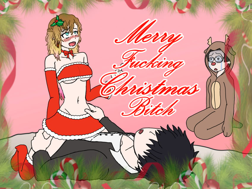 1boy 1boy2girls 2girls 2girls1boy actualtrashhuman alexis_woodrider aqua_eyes bangs bare_midriff bare_shoulders belt blonde_hair blonde_to_pink_hair blush boots brown_to_blonde_hair bullying choker christmas christmas_card christmas_clothing christmas_costume christmas_outfit clothed_sex cosplay cowgirl_position crop_top cruel crying cucked_by_bully cucked_by_crush cucked_by_friend cuckolding cuckquean dress_up female flat_stomach freckles french_braid golden_hair gradient_hair groin hair_ornament heeled_boots holiday_clothing humiliation implied_penetration implied_sex jealous jealousy lace-up_boots laughing long_hair middle_finger midriff miniskirt mistletoe mistletoe_hair_ornament mocking multicolored_hair navel ombre_hair original_character red_skirt revealing_clothes reverse_netorare rubbing_it_in sadistic sadistic_girl santa_bikini santa_costume scantily_clad scantly_dressed skimpy_clothes skinny skirt slender_body slender_waist slut slutty_outfit surprise taunting three_tone_hair two_tone_hair underboob valentine watching wavy_hair