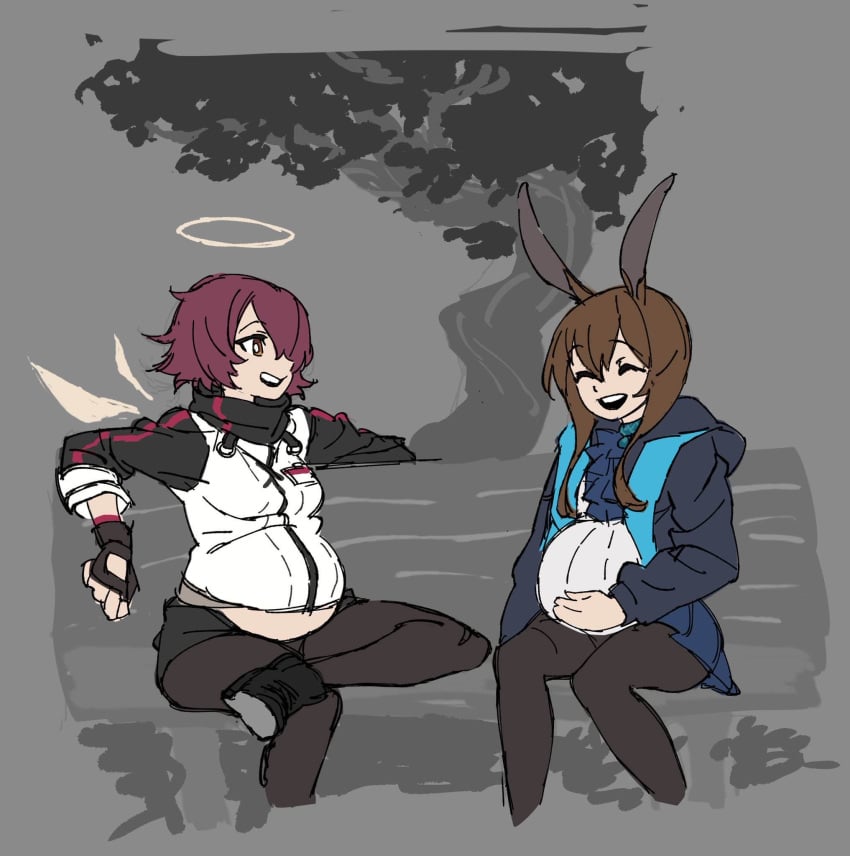 2girls amiya_(arknights) angel angel_girl angel_wings arknights exusiai_(arknights) halo hand_on_own_stomach kooni park park_bench pregnant pregnant_female rabbit_ears rabbit_girl ready_to_pop red_hair short_hair wings