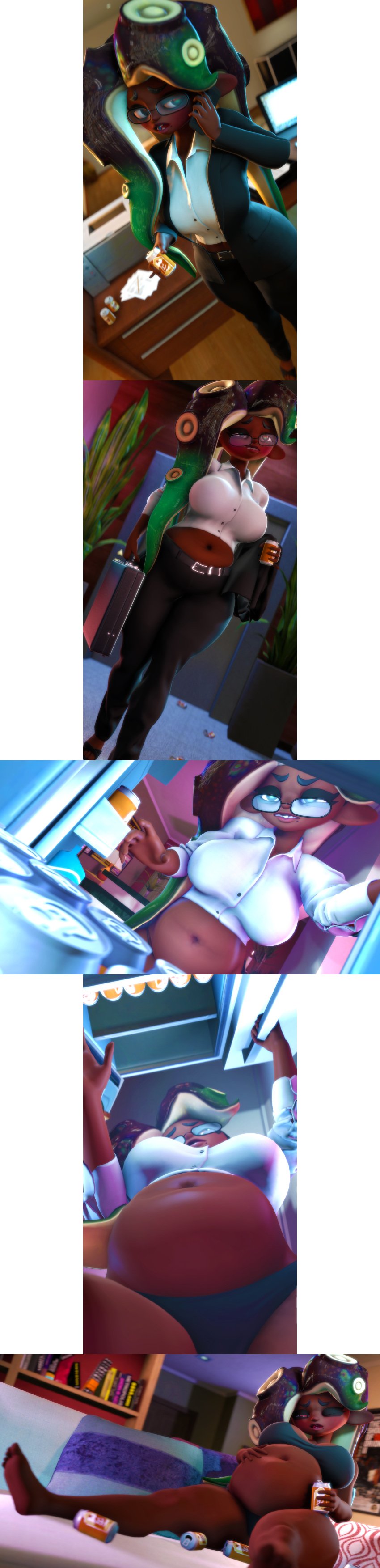 3d asmodeusthesexlord beer beer_belly belly belly_expansion belly_inflation big_belly big_breasts comic marina_(splatoon) office_clothing office_lady source_filmmaker splatoon