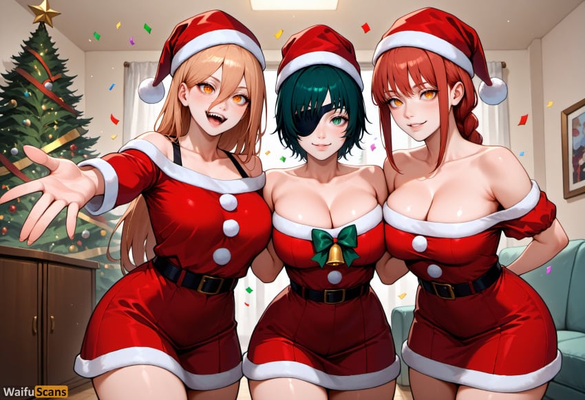 3girls ai_generated bangs bare_shoulders belt black_belt black_hair blonde_hair braid braided_ponytail breasts chainsaw_man christmas christmas_tree cleavage collarbone confetti couch cowboy_shot cross-shaped_pupils dress eyepatch fangs green_eyes hair_between_eyes hat high_resolution highres himeno_(chainsaw_man) horns indoors large_breasts long_hair looking_at_viewer makima_(chainsaw_man) multiple_girls off_shoulder open_mouth orange_eyes parted_lips power_(chainsaw_man) red_dress red_hair red_horns ringed_eyes santa_costume santa_hat sharp_teeth short_hair smile stable_diffusion teeth waifuscans418 yellow_eyes