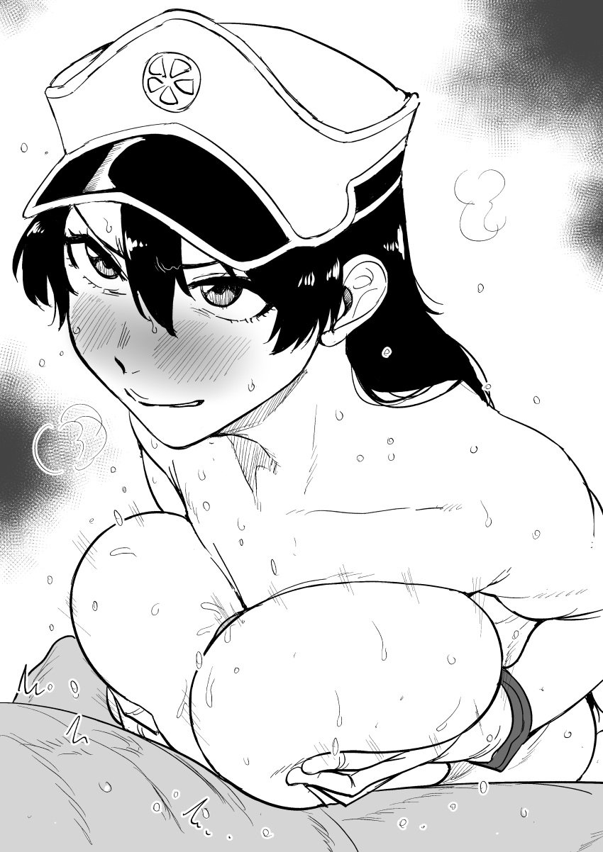 1boy 1boy1girl 1girls bambietta_basterbine big_breasts black_and_white black_hair bleach bleach:_the_thousand-year_blood_war blush blush boobjob faceless_male grabbing_breasts grabbing_own_breast greyscale hat kaiman_garupan long_hair looking_at_partner monochrome paizuri paizuri_lead_by_female paizuri_on_lap panting sex smirk smirking smirking_at_partner sweat titjob titjob twitching