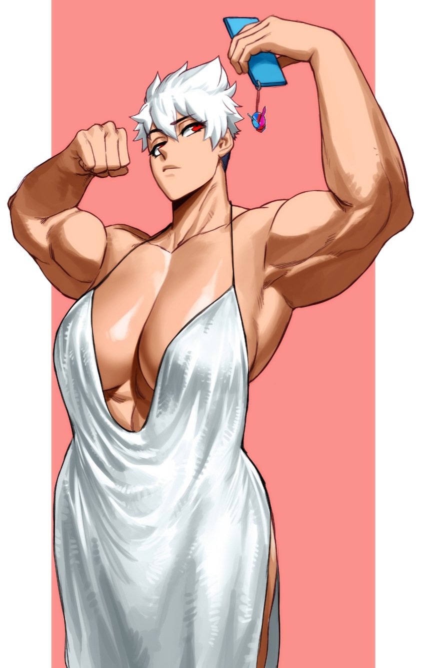 1girls athletic_female big_breasts cellphone dragon_ball dress fan_character female female_only flexing flexing_bicep hi_res kei_(subway_gorilla) long_dress looking_at_phone muscular_female phone red_eyes selfie short_hair solo sotcho spiky_hair taking_selfie white_dress white_hair