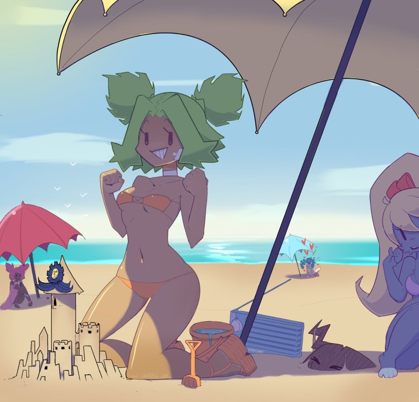 background bandage beach bikini blonde_hair blue_hair breasts choker dark-skinned_female feet female female_only green_hair gwen_(league_of_legends) league_of_legends legs multiple_girls naked on_knees open_toe_shoes pink_hair poppy pussy riot_games sand sand_castle sandals shortstack small_breasts solo_focus swimsuit taliyah twintails umbrella vixycore yordle zeri_(league_of_legends)