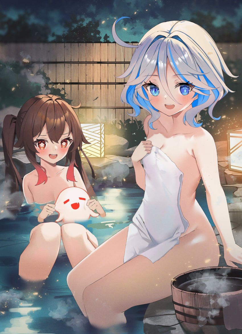 2girls brown_and_red_hair cute furina_(genshin_impact) genshin_impact hot_spring hoyoverse hu_tao_(genshin_impact) looking_at_viewer towel white_and_blue_hair