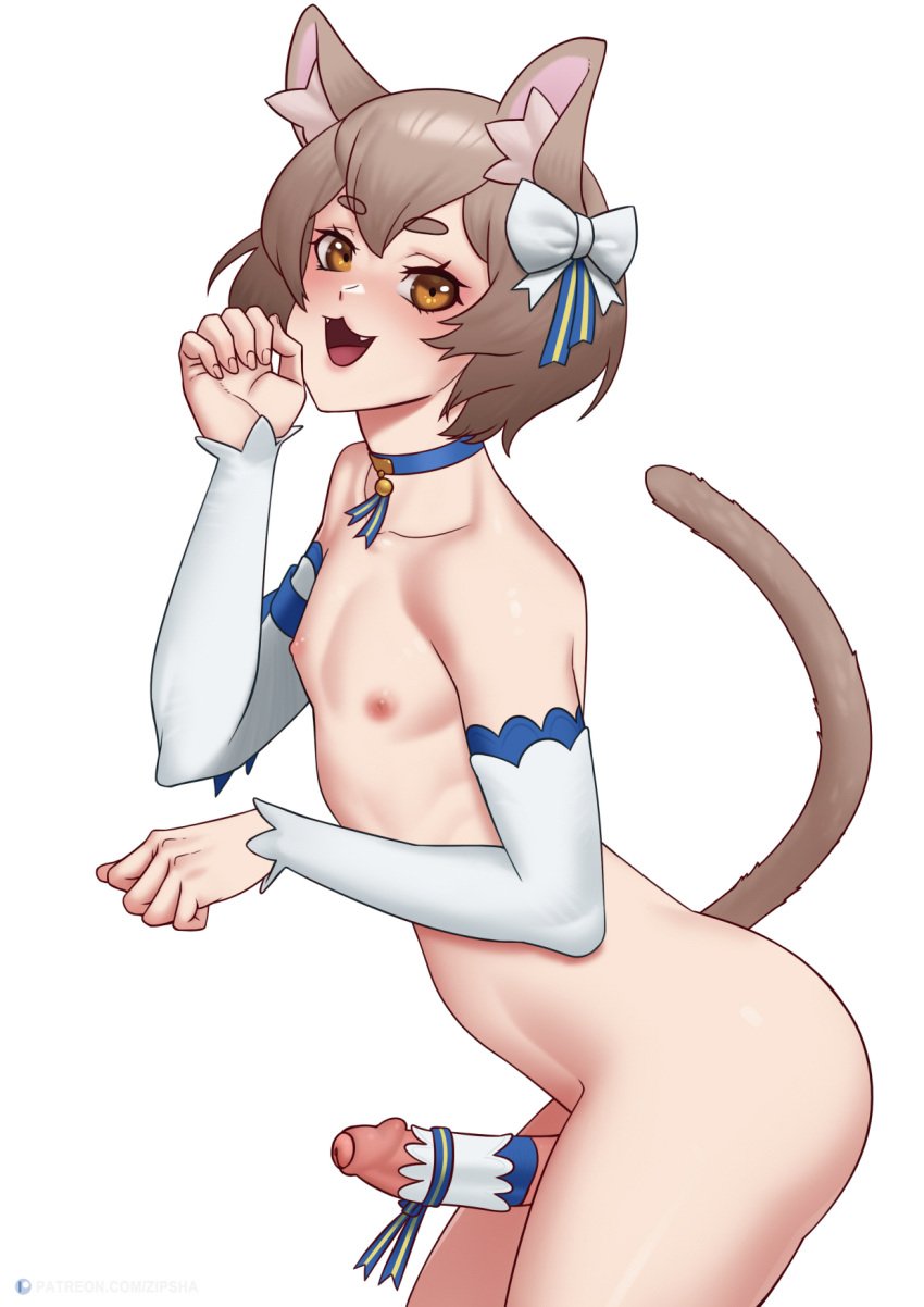 1boy animal_ears animal_tail armwear ass blush bottomless brown_eyes brown_hair cat_ears cat_tail erect_penis erection felix_argyle femboy femboy_only girly gloves hair hair_ornament hair_ribbon male_only naked naked_male neckwear nipples nude nude_male penis penis_ornament re:zero_kara_hajimeru_isekai_seikatsu ribbon side_view solo solo_femboy tail topless trap white_gloves zipsha