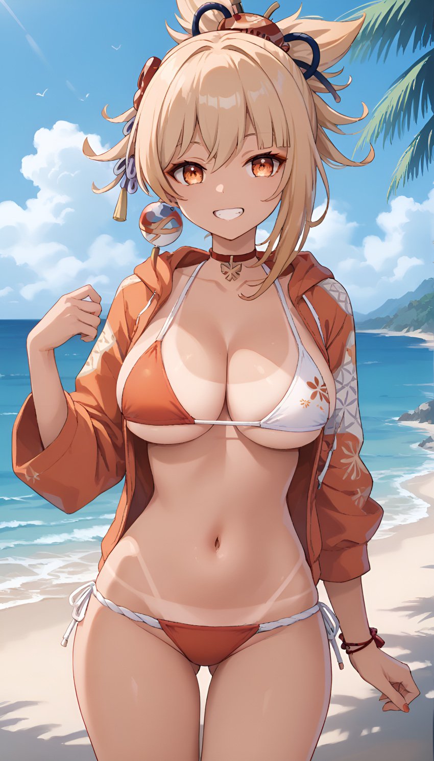 1girls ai_generated bangs beach big_ass big_breasts bikini bikini_bottom bikini_top blonde_female blonde_hair blonde_hair genshin_impact hair_ornament high_resolution highres hoyoverse jasse looking_at_viewer tagme tan_body tan_skin tanline tanlines yoimiya_(genshin_impact)