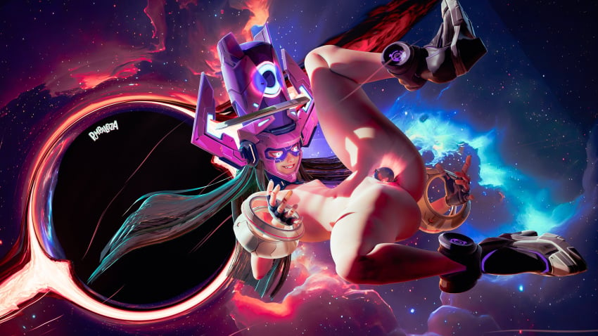 black_hair breasts_out galacta galaxy helmet marvel marvel_rivals naked naked_female object_in_pussy shoes_on small_breasts smaller_female space vagina