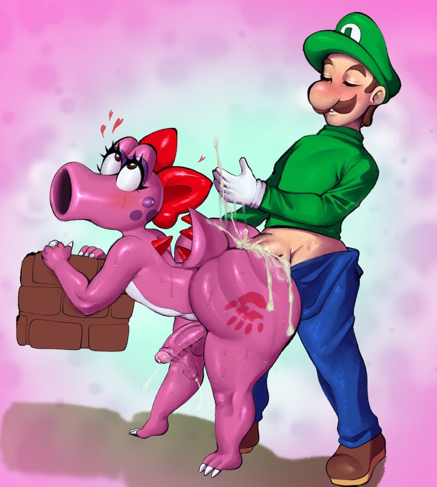 1boy 1futa anal anal_sex anthro ass birdo block blue_pants bow bow_on_head closed_eyes clothing cum cum_in_anus doggy_style duo ejaculation eyes_rolling_back facial_hair fat_ass futanari gloves green_hat green_shirt handprint_on_ass hat interspecies large_ass luigi makeup male male/futa mamiemilk mario_(series) moustache nintendo penis penis_in_anus pink_body red_bow reptile scalie sex tail thick_ass