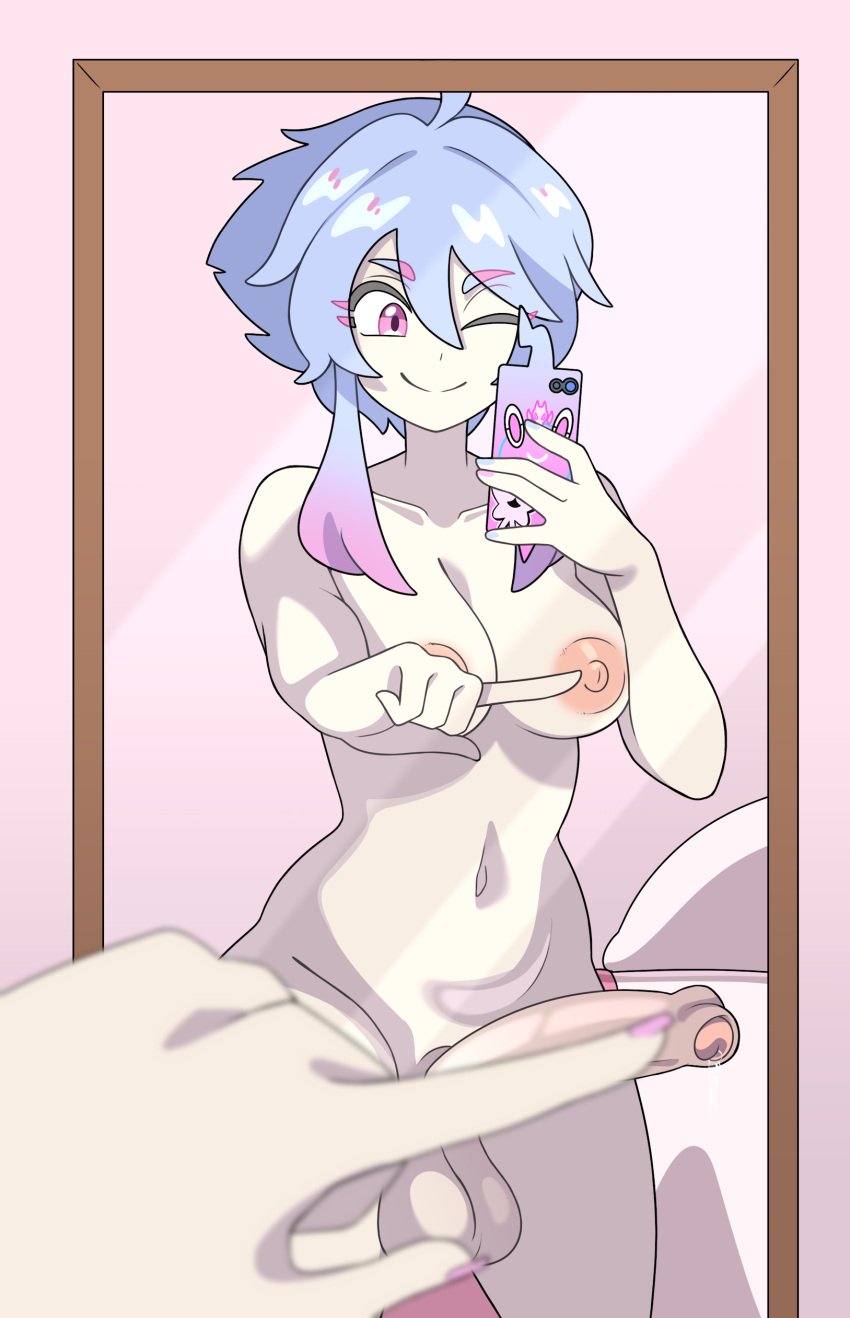 1futa aerielle_(oc) alternate_version_at_source big_balls big_breasts big_penis blue_hair commissioner_upload fingernail_polish futanari mirror mirror_reflection mirror_selfie one_finger_selfie_challenge original_character phone pink_eyes pokemon pokemon_trainer rotom_phone wink