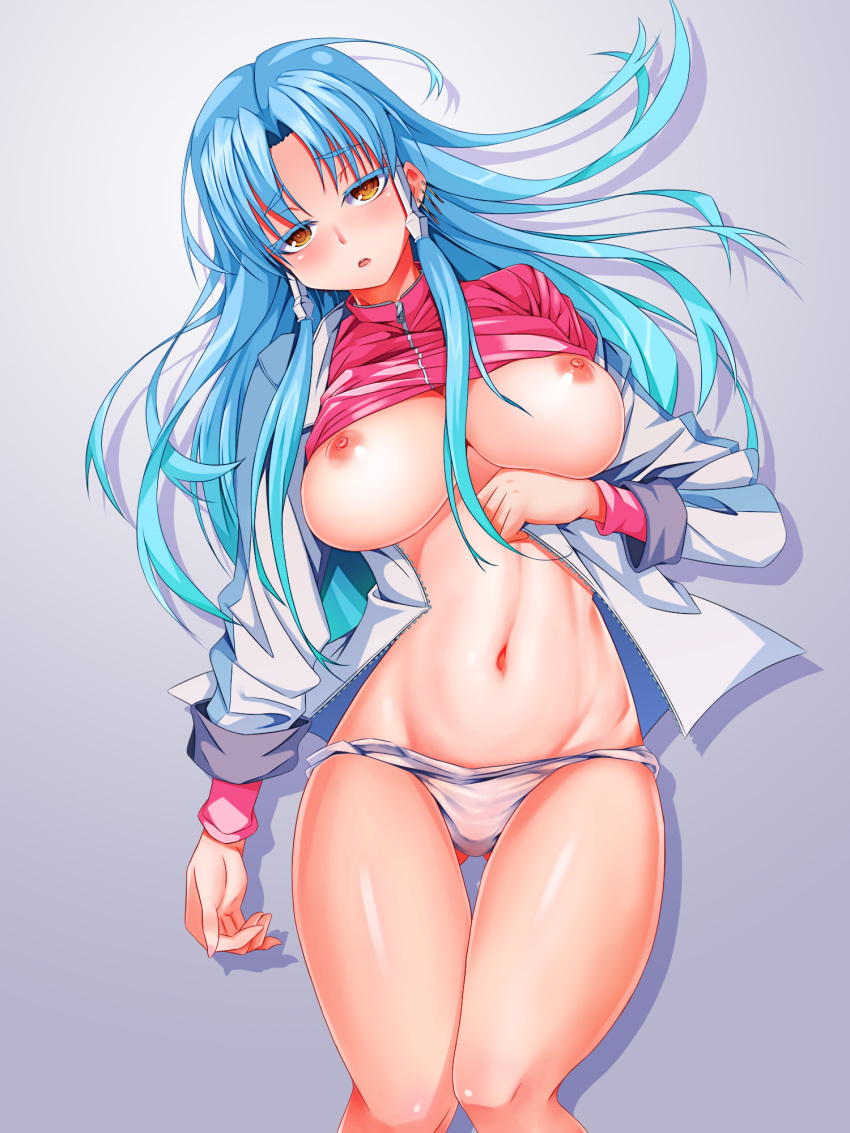 aqua_hair areolae banpresto blue_hair blush breasts brown_eyes coat earrings female glacies gradient_hair hair_tubes highres jacket large_breasts long_hair looking_at_viewer lying navel nipples on_back open_clothes open_mouth panties puchipiiman purple_panties simple_background solo super_robot_wars super_robot_wars_destiny super_robot_wars_original_generation thigh_gap underwear very_long_hair yellow_eyes