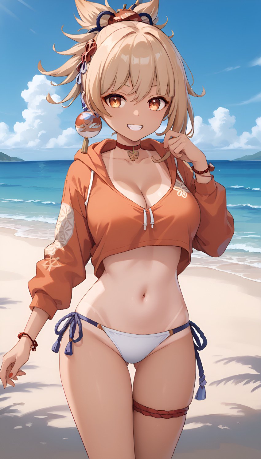 1girls ai_generated bangs beach big_ass big_breasts bikini bikini_bottom blonde_female blonde_hair blonde_hair genshin_impact hair_ornament high_resolution highres hoyoverse jasse looking_at_viewer tagme tan_body tan_skin tanline tanlines yoimiya_(genshin_impact)