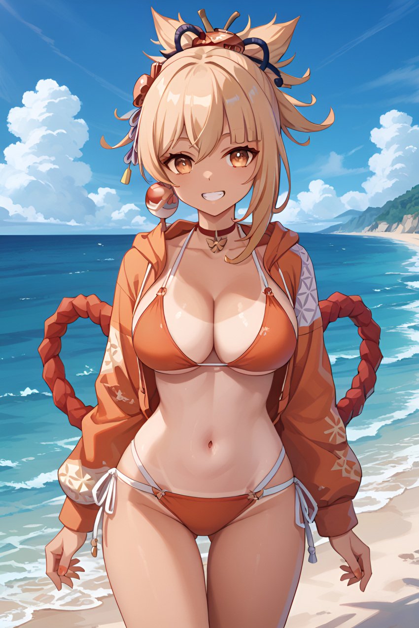 1girls ai_generated bangs beach big_ass big_breasts bikini bikini_bottom bikini_top blonde_female blonde_hair blonde_hair genshin_impact hair_ornament high_resolution highres hoyoverse jasse looking_at_viewer tagme tan_body tan_skin tanline tanlines yoimiya_(genshin_impact)