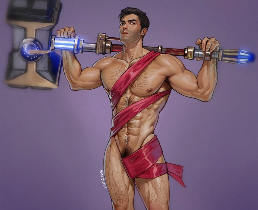 abs arcane arcane_jayce bara biceps bulge jayce_talis league_of_legends male male_nipples male_only manly meme_reference muscular_male nipples nude nude_guy_wrapped_in_ribbons_standing_(meme) panicawa pecs penis_outline riot_games