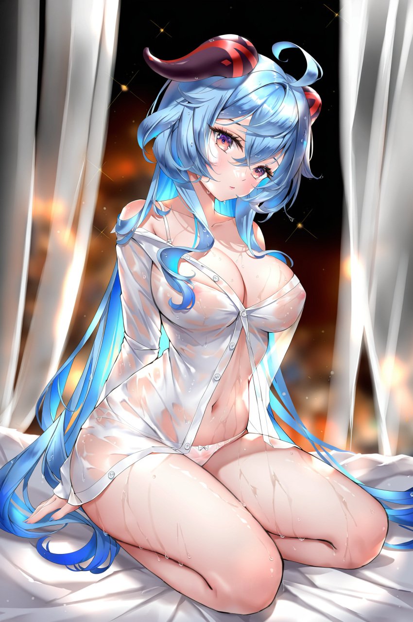 absurd_res ahoge ai_generated bangs bare_shoulders bedroom blue_hair blush breasts cleavage curtain_grab curtains eyebrows_visible_through_hair female ganyu_(genshin_impact) genshin_impact goat_horns horns indoors large_breasts long_hair looking_at_viewer ministro navel panties purple_eyes rain sitting solo sparkle thighs underwear very_long_hair wet wet_clothes wet_dress window