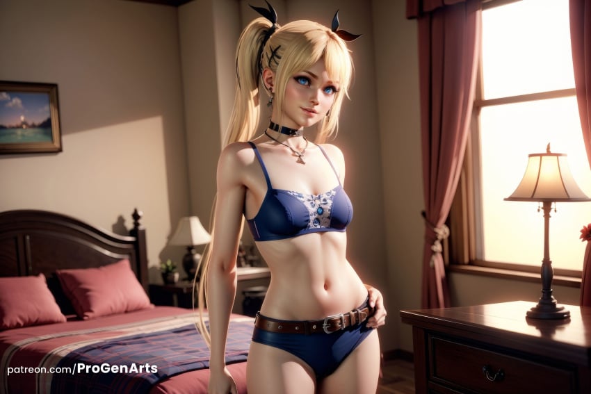 1girls ai_generated artist_name bare_shoulders bed bedroom belt black_choker black_ribbon blonde_hair blue_bra blue_eyes blue_panties bra breasts choker collarbone cowboy_shot cross curtains dead_or_alive dead_or_alive_5 dead_or_alive_5_last_round dead_or_alive_6 earrings flower hair_ornament hair_ribbon hand_on_own_hip hi_res indoors jewelry lamp lips long_hair looking_at_viewer marie_rose navel necklace nose panties pillow progenarts realistic ribbon small_breasts smile solo standing stomach twintails underwear underwear_only window x_hair_ornament