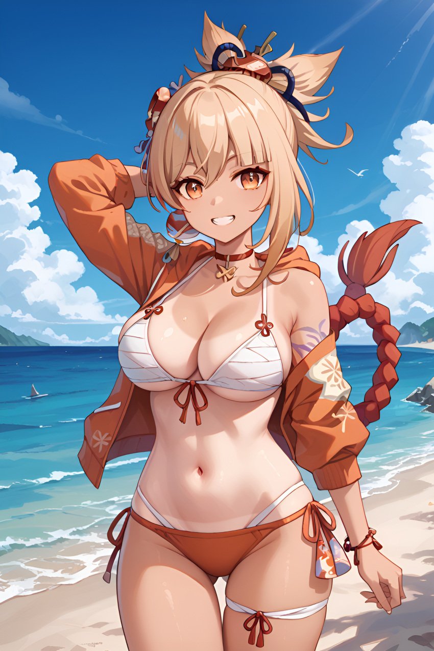 1girls ai_generated bangs beach big_ass big_breasts bikini bikini_bottom bikini_top blonde_female blonde_hair blonde_hair genshin_impact hair_ornament high_resolution highres hoyoverse jasse looking_at_viewer tagme tan_body tan_skin tanline tanlines yoimiya_(genshin_impact)