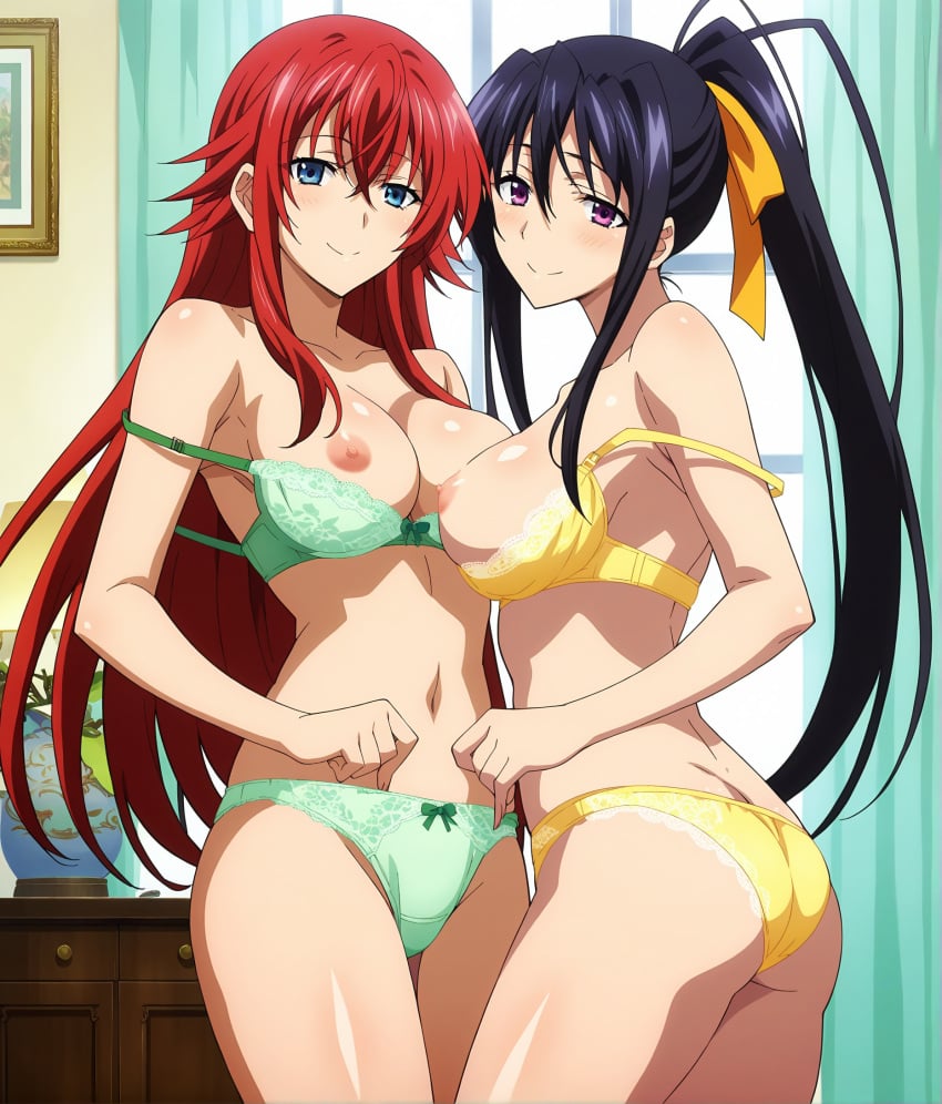 2females ai_generated akeno_himejima areolae big_ass black_hair curvy_female erect_nipples female_only green_bikini green_bra green_panties high_school_dxd large_breasts light-skinned_female long_hair red_hair rias_gremory wakih yellow_bikini yellow_bra yellow_panties yuri