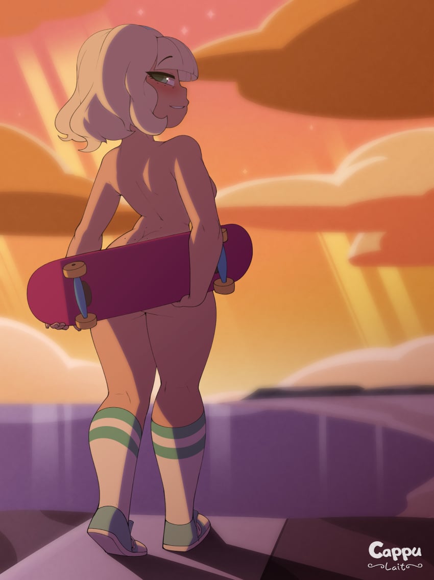 blonde_female blonde_hair convenient_censoring disney_xd fappuccino female_only freckles_on_face jackie_lynn_thomas naughty_smile orange_sky short_hair skateboard skater star_vs_the_forces_of_evil tomboy