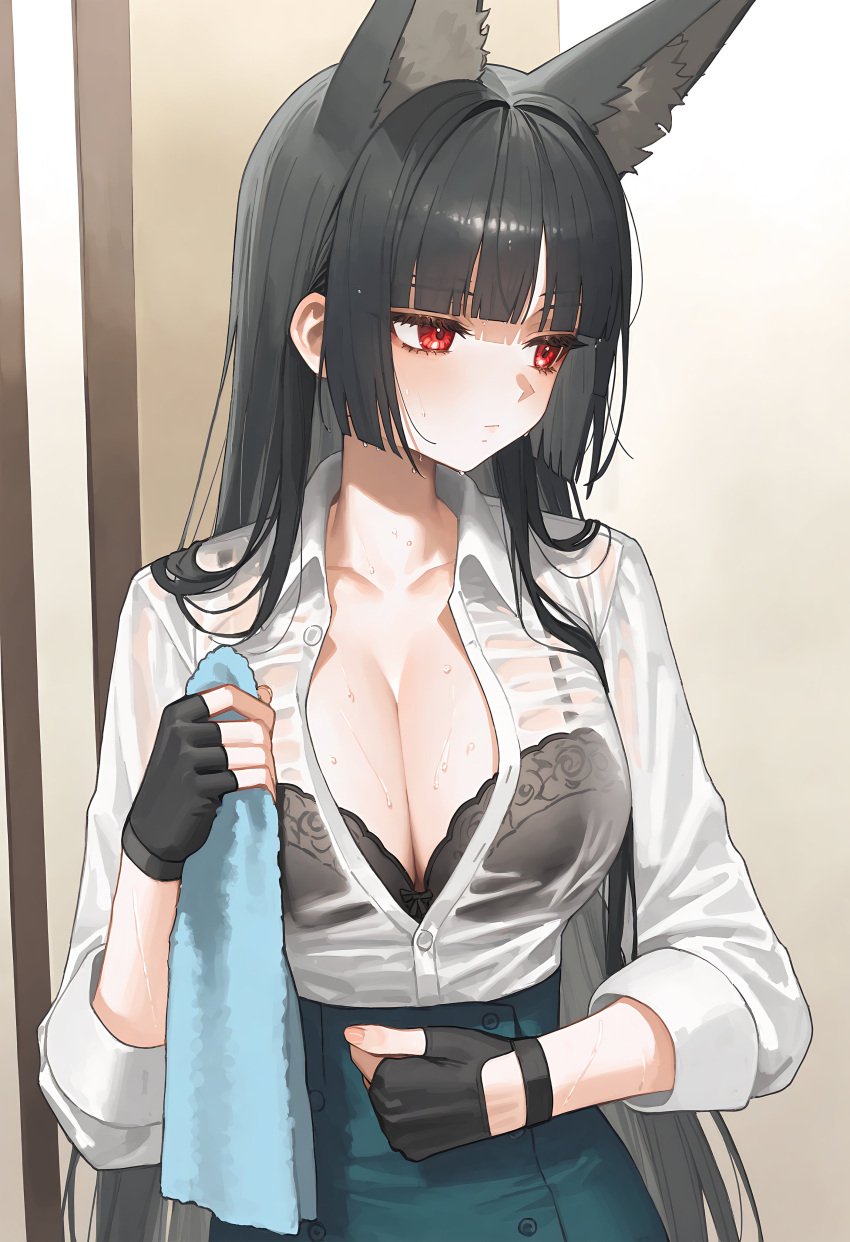 anthro black_hair bra breasts busty cleavage fox fox_girl gloves hoshimi_miyabi large_breasts red_eyes see-through see-through_clothing see-through_top towel wet_clothes zenless_zone_zero