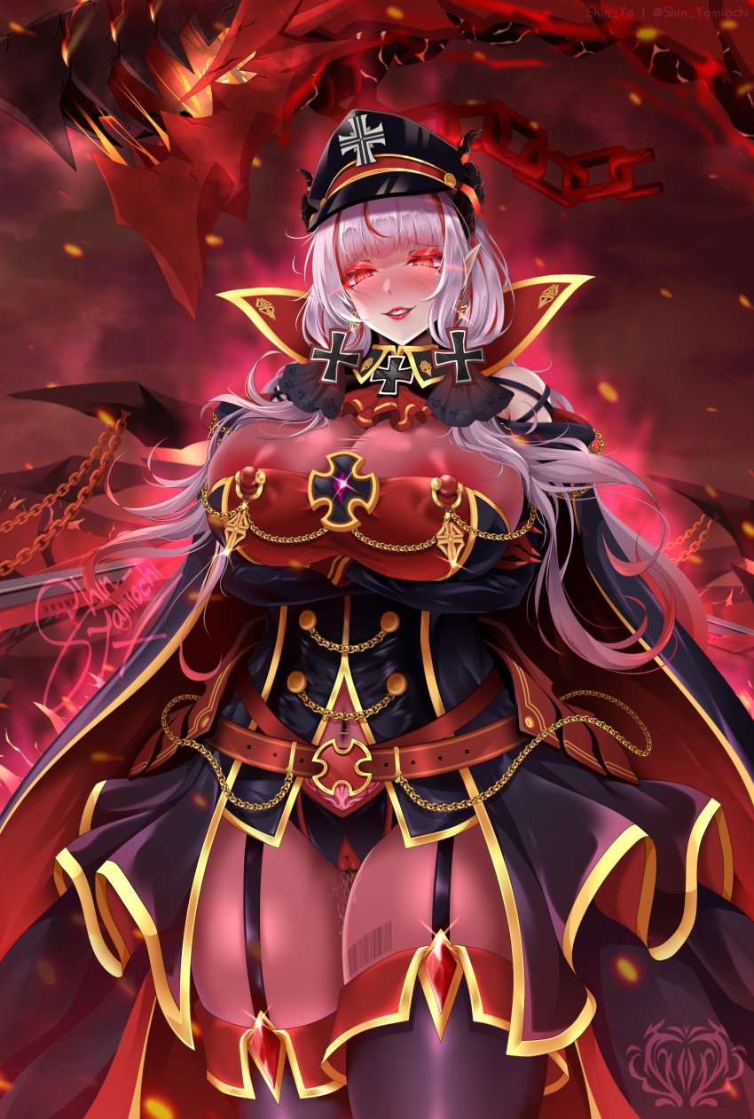 absurdres azur_lane belt black_cape black_garter_straps black_panties black_skirt breasts cape chains commission corruption covered_navel cowboy_shot cross dark_persona garter_straps glowing glowing_eyes gold_trim highres huge_breasts illustrious_(azur_lane) iron_cross long_hair looking_at_viewer mixed-language_commentary nipple_piercing non-humanoid_robot panties piercing pixiv_commission red_belt red_eyes robot robot_dragon shin_yamiochi showgirl_skirt skin_tight skirt underwear very_long_hair white_hair