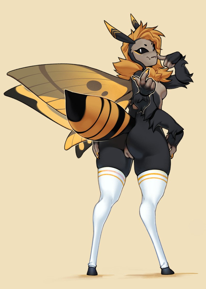 anthro arthropod arthropod_abdomen black_eyes clothing female geist_(anoriginalzero) genitals hi_res insect_wings insects legwear lepidopteran marycitrus moth pupils pussy rear_view simple_background solo standing stockings thigh_highs white_pupils wings