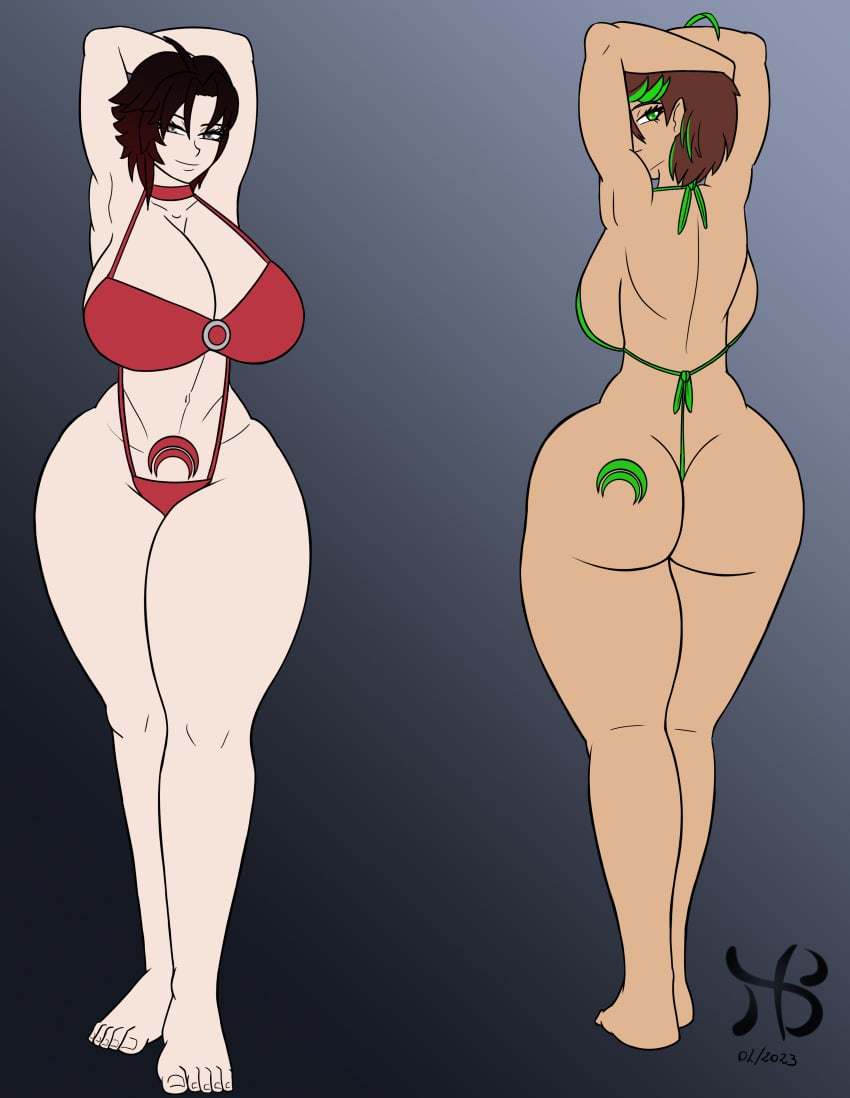 2girls alternate_breast_size arc_family_crest armpits arms arms_behind_head arms_up ass athletic_female big_ass big_breasts bikini breasts brown_skin curvy female female_only green_eyes hiastobasement_(artist) hourglass_figure huge_ass huge_breasts jessica_cruz latina looking_at_viewer looking_back posing_for_the_viewer red_hair ruby_rose rwby short_hair silver_eyes slim_waist smile smiling_at_viewer swimwear tagme tattoo thick_ass thick_thighs viz_media voluptuous white_skin