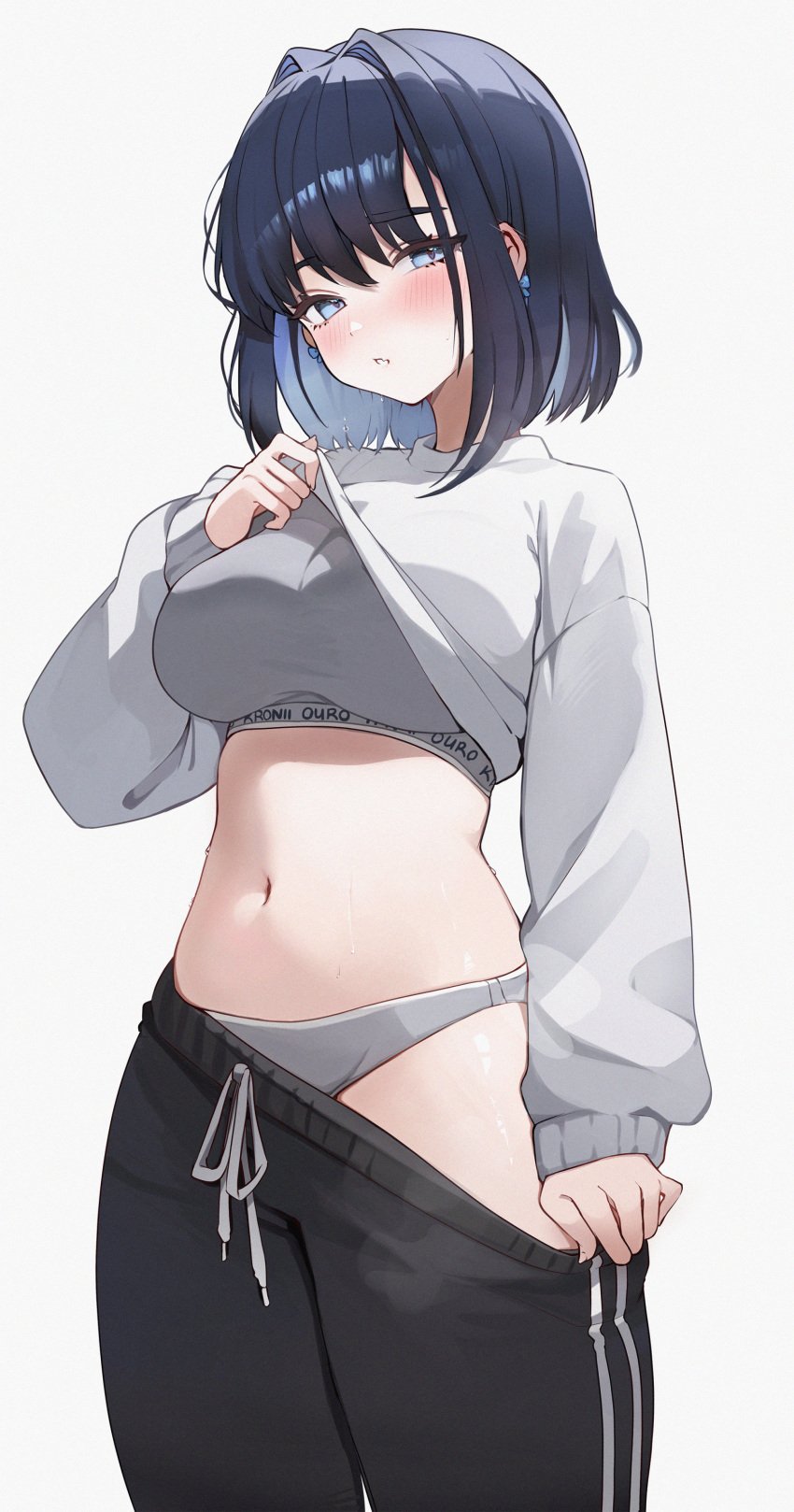 1girls 2024 bangs blue_hair blush bob_cut bra ear_piercing female female_focus female_only hololive hololive_english hololive_english_-council- hololive_english_-promise- koahri large_breasts ouro_kronii panties pants_pull shirt_lift short_hair solo solo_female solo_focus sports_bra sweater sweatpants thin_waist virtual_youtuber vtuber white_background