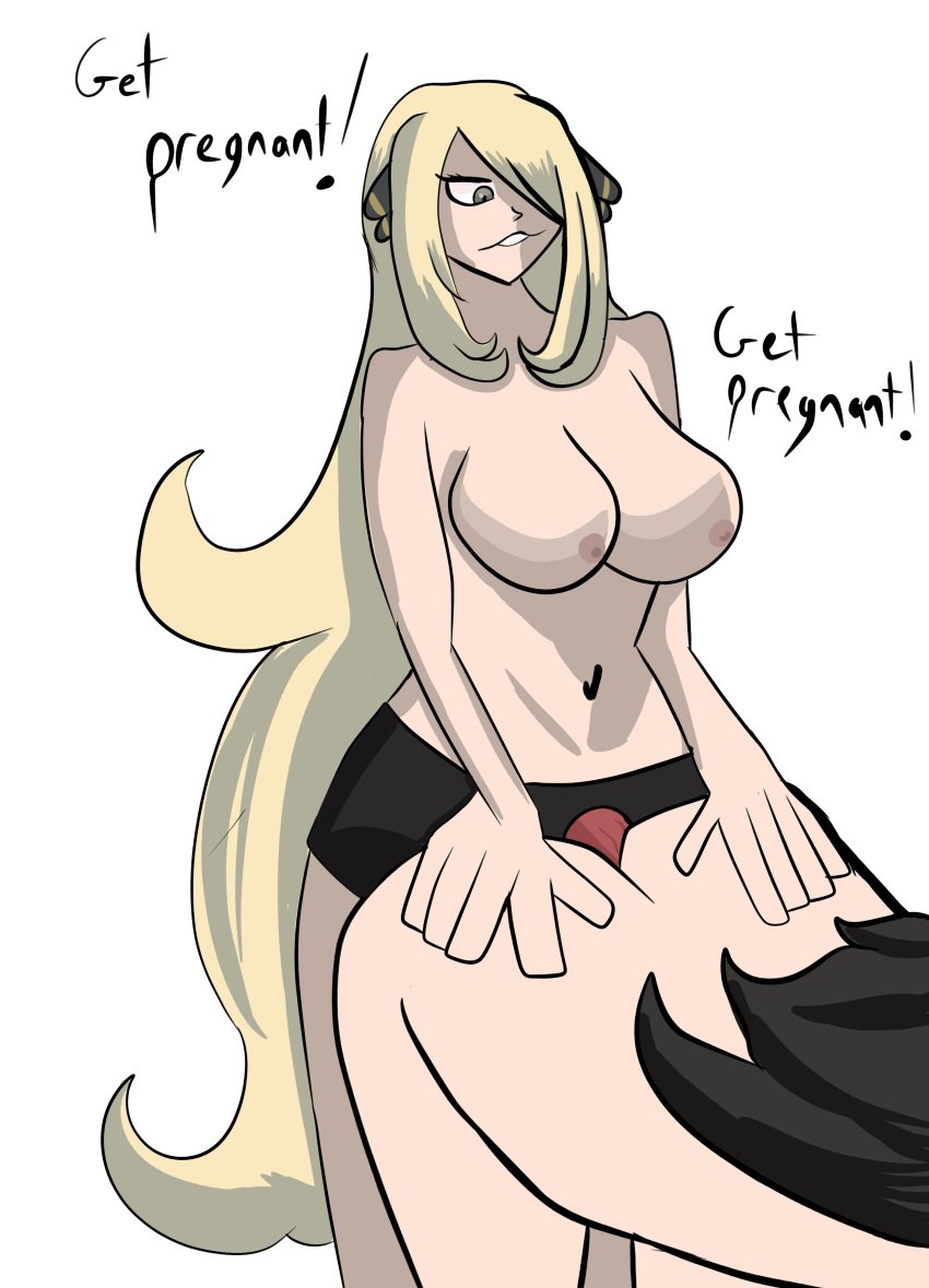 2girls big_breasts biting_lip black_hair blonde_hair breasts cynthia_(pokemon) dawn_(pokemon) english english_text femdom grey_eyes hair_over_one_eye large_breasts long_hair nipples pokemon strap-on traut very_long_hair