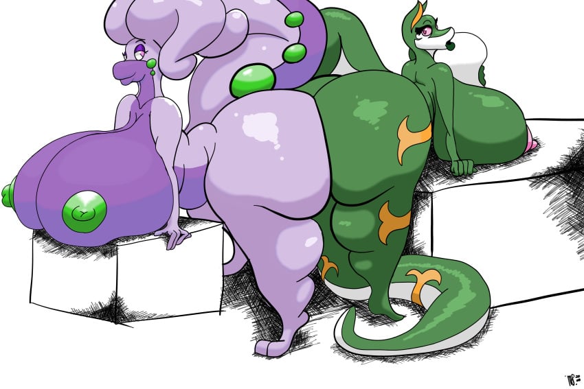 3:2 absurd_res anthro areola ass big_breasts big_butt big_tail breasts dragon duo eyelashes female female/female generation_5_pokemon generation_6_pokemon goodra green_areola green_nipples heart_eyes heart_symbol hi_res huge_breasts huge_butt hyper hyper_breasts lips lipstick long_tail makeup markings mop_(artist) mythological_creature mythological_scalie mythology nintendo nipples pink_areola pink_eyes pink_nipples pokemon pokemon_(species) reptile scalie serperior slightly_chubby tail thick_lips