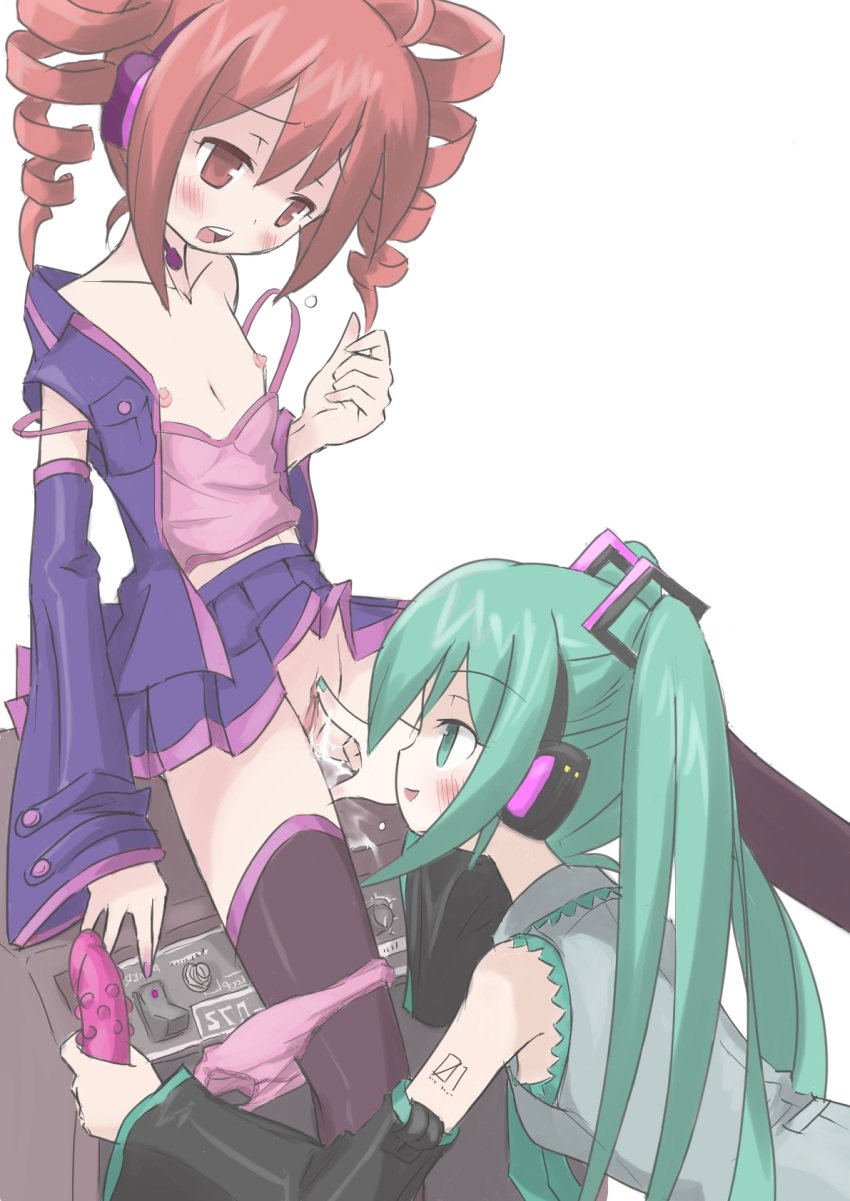 blush clitoral clitoral_fingering clitoral_stimulation clitoris dildo female fingering flat_chest hatsune_miku kasane_teto multiple_girls panties panties_around_leg panty_pull pink_panties pussy_juices thighhighs utau vocaloid yuri