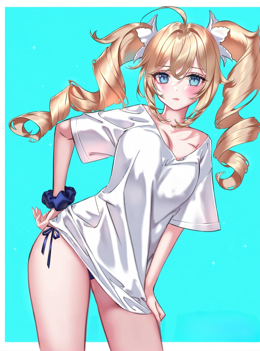 absurd_res ahoge ai_generated bangs barbara_(genshin_impact) bikini bikini_under_clothes blonde_hair blue_background blue_eyes blue_scrunchie blue_sky blush breasts cleavage collarbone cowboy_shot day drill_hair drill_locks eyebrows_visible_through_hair female genshin_impact hair_scrunchie hand_on_hip jewelry long_hair looking_at_viewer medium_breasts ministro red_scrunchie ringlets scrunchie shirt short_sleeves side-tie_bikini side_drill sky solo swimsuit twin_drills twintails white_shirt wrist_scrunchie