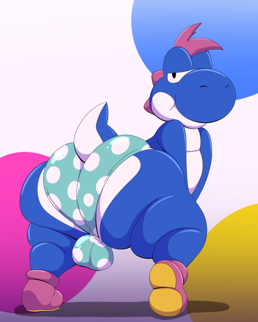 absurd_res aged_up anthro ass bedroom_eyes big_butt blue_body bulge clothing detailed_bulge footwear hair hi_res looking_at_viewer looking_back male mario_bros narrowed_eyes nintendo panties paper_mario:_the_thousand_year_door seductive shoes solo tepigfan101 the_great_gonzales_jr underwear wrestler yoshi