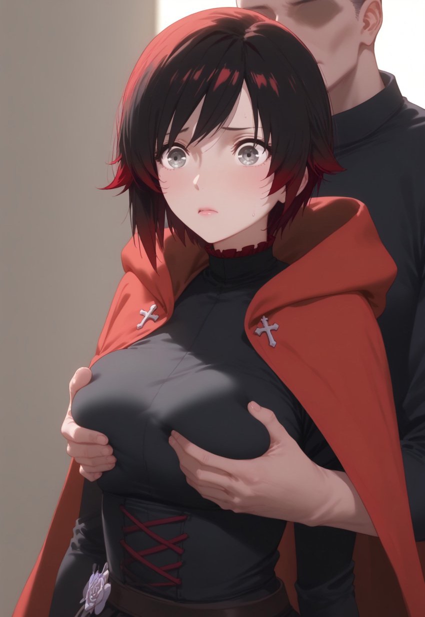 ai_generated behind behind_another breast_grab breast_squeeze breasts cloak female grabbing_another's_breast grabbing_breasts groping groping_breasts groping_from_behind hood red_cloak ruby_rose rwby short_hair silver_eyes