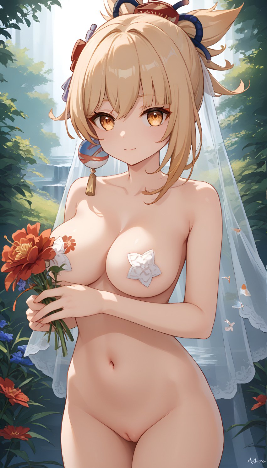 1girls ai_generated bangs big_ass big_breasts blonde_female blonde_hair blonde_hair completely_naked completely_naked_female completely_nude completely_nude_female genshin_impact hair_ornament high_resolution highres hoyoverse jasse looking_at_viewer naked nipple_pasties nude puffy_pussy pussy tagme wedding_veil yoimiya_(genshin_impact)