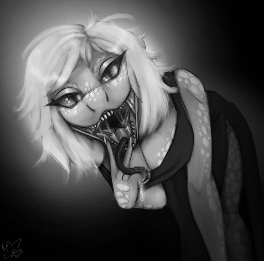 anthro bending_forward bending_over big_breasts cleavage cocktail_dress female flophelia long_eyelashes looking_at_viewer monochrome mouth_shot open_mouth shaded sharp_fingernails sharp_teeth short_hair simple_background sketch snake_girl snake_tongue snake_tongue_out solo solo_female