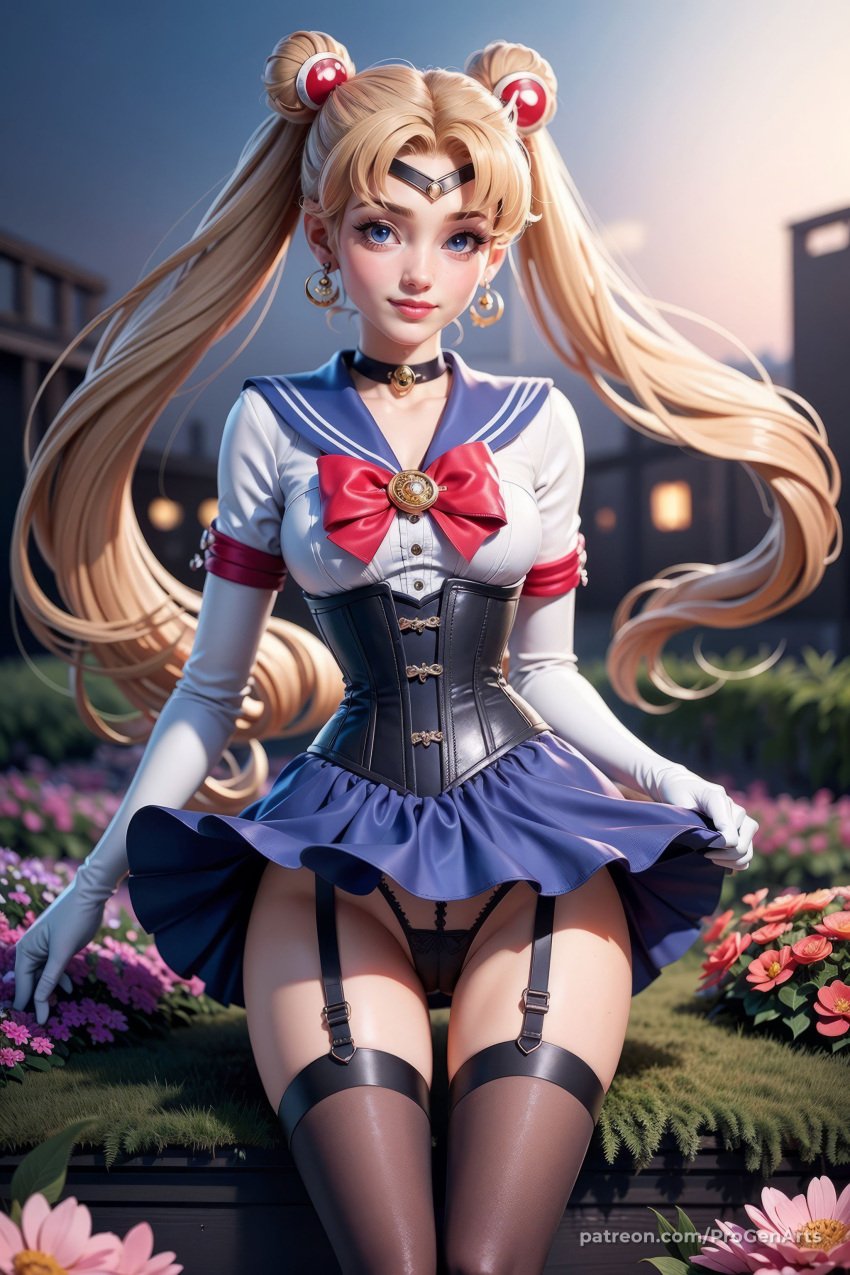 1girls ai_generated artist_name ass_visible_through_thighs bishoujo_senshi_sailor_moon black_panties black_thighhighs blonde_hair blue_eyes blue_sailor_collar blue_skirt blurry bow breasts cameltoe choker circlet clothes_lift corset crescent crescent_earrings double_bun earrings elbow_gloves flower garter_straps gloves hair_bun hi_res highleg jewelry lips long_hair looking_at_viewer magical_girl medium_breasts outdoors panties progenarts red_bow sailor_collar sailor_moon sailor_senshi_uniform school_uniform skirt skirt_lift solo standing thigh_gap thighhighs tsukino_usagi twintails underwear usagi_tsukino very_long_hair white_gloves