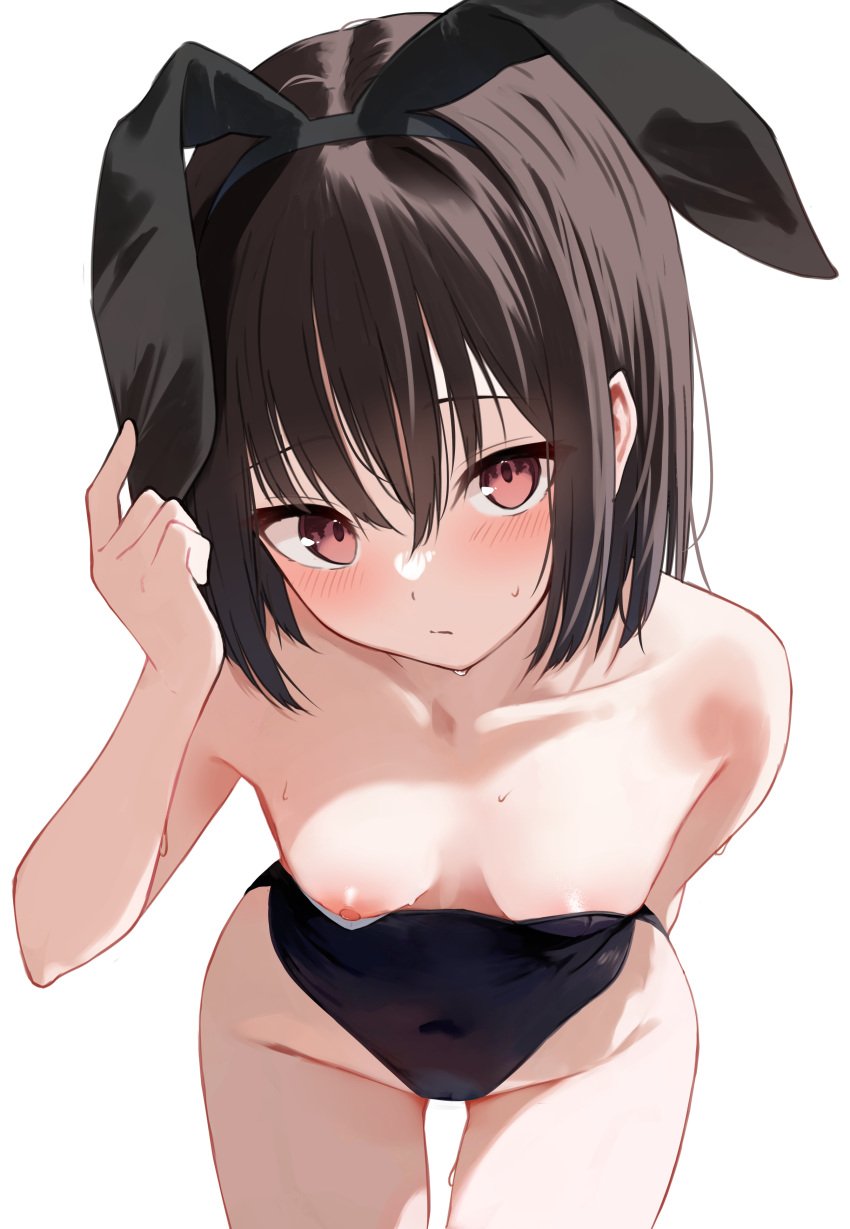 1girls absurdres animal_ears black_hairband black_leotard blush breasts brown_eyes brown_hair closed_mouth collarbone covered_navel fake_animal_ears from_above hairband hand_up highres leotard long_hair looking_at_viewer medium_breasts memekko nipples one_breast_out original playboy_bunny rabbit_ears simple_background solo standing strapless strapless_leotard sweat white_background