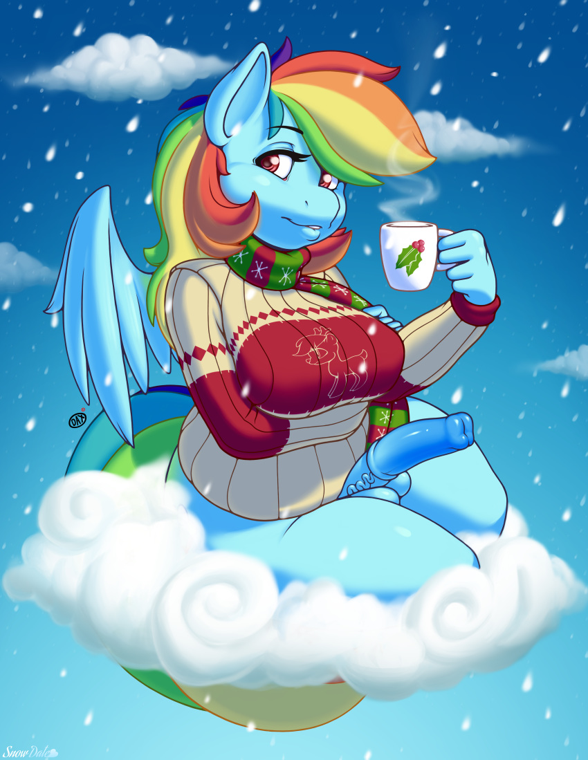 animal_genitalia anthro anthrofied balls biting_lip blue_fur blue_penis breasts christmas_sweater clothing cloud daxzor dickgirl equine friendship_is_magic fur furry futanari hair half-closed_eyes horse horsecock intersex mammal multicolored_hair my_little_pony outside penis pony rainbow_dash_(mlp) rainbow_hair rocketraptor scarf smile snow snowing straight_hair sweater vein wings